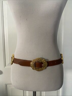 Vintage Accessory Lady Brown Leather Belt W/ Ornate Gold Buckles Substantial  L
